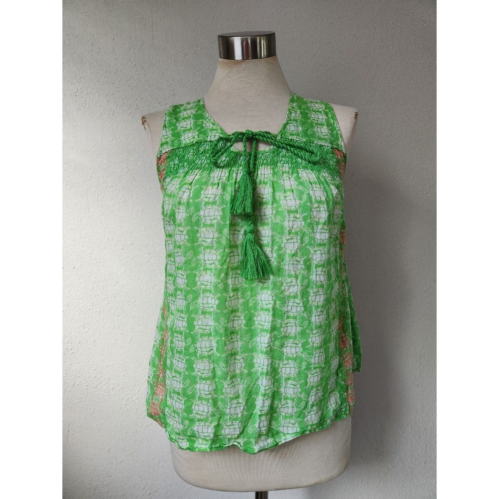 Crown & Ivy Sleeveless Beach Tank Top Lime Green Turtle Pattern Womens XS